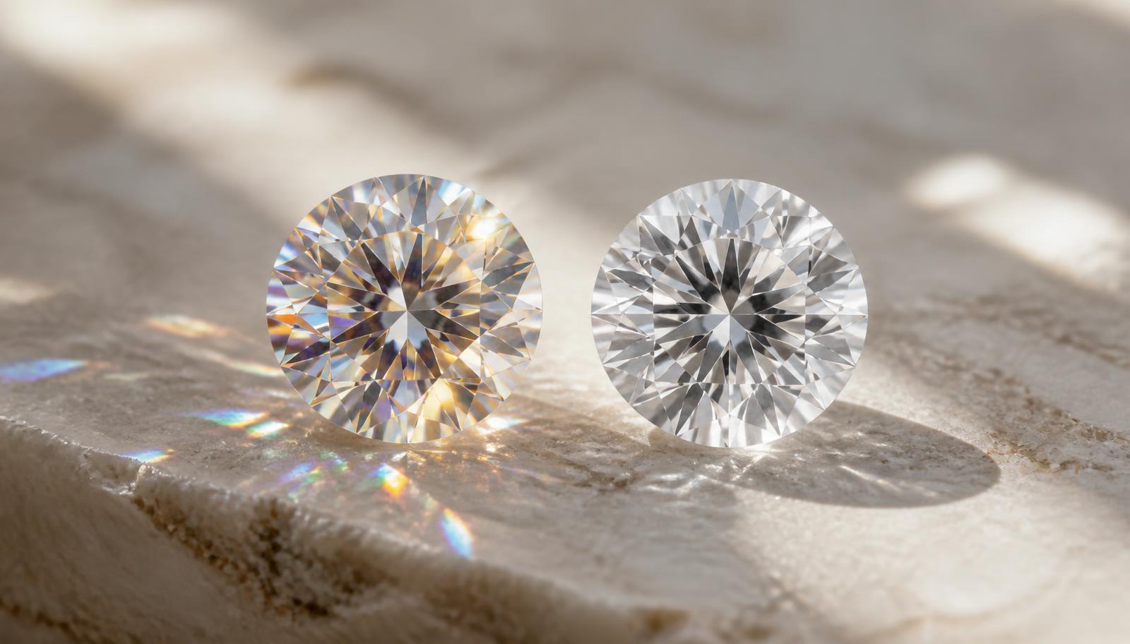 A brilliant moissanite gemstone beside a diamond on pale stone, showing rainbow fire