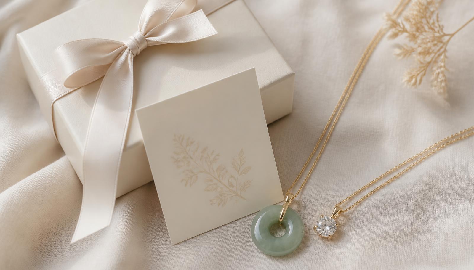 A cream gift box with an intention card, jade and moissanite pendants alongside