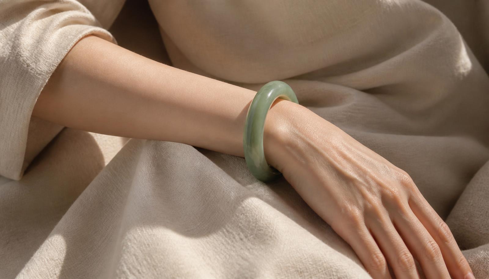 A green jade bangle worn on the wrist against cream linen