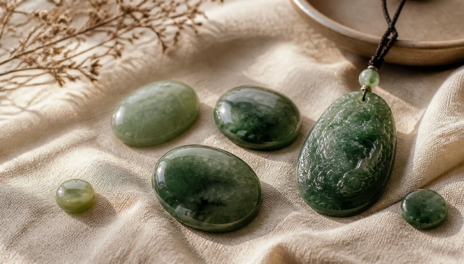 Polished natural jade cabochons and a carved jade pendant on cream linen