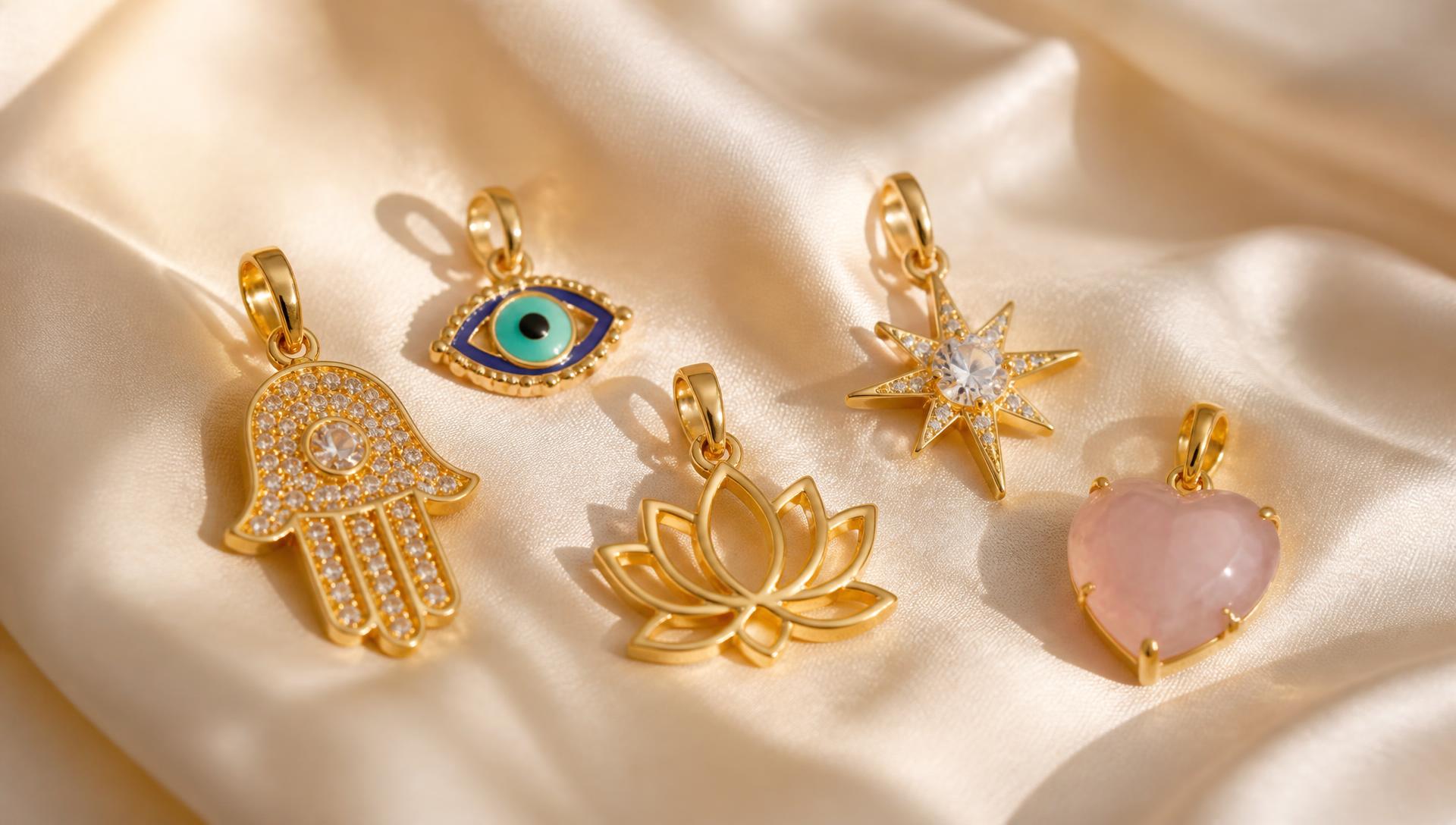 Gold hamsa, evil eye, lotus, star and rose quartz heart talisman pendants arranged on ivory silk